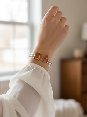 Silver Cuff Bracelet with Amber and Rose Gemstones